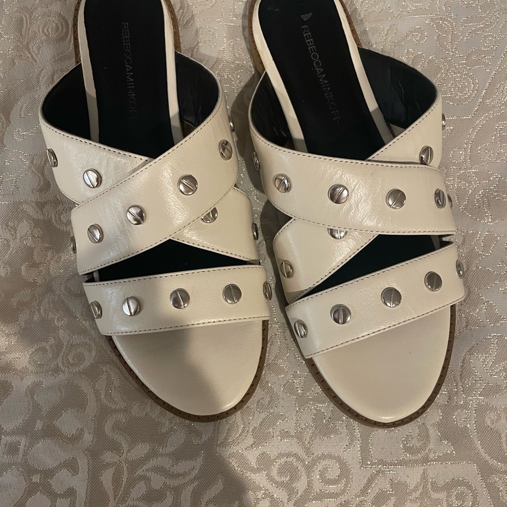Rebecca Minkoff  white genuine leather flat sandals with silver nailheads .